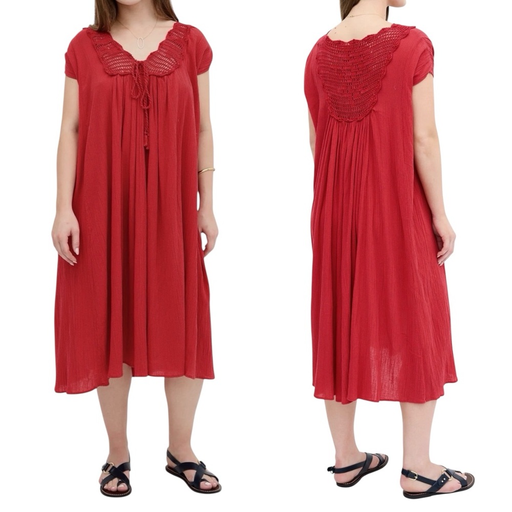 NWOT Suzie Kondi Red Cotton Gauze Tonal Crochet Tie Tassel Tunic Dress